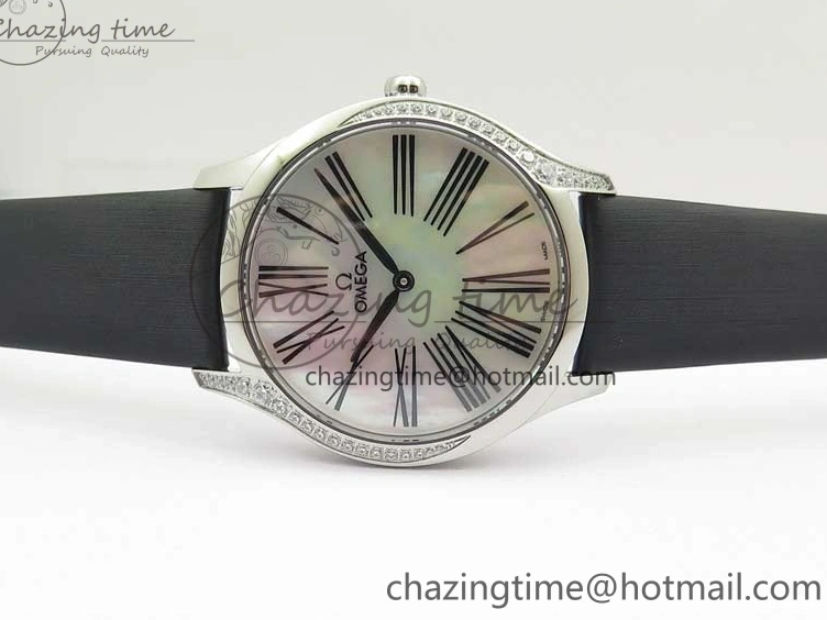 0406 ZeroBulk Ladies’ De Ville Trésor Diamond SS 3AF 1:1 Best Edition White Dial Black Markers On Black fabric strap Swiss Quartz 7880